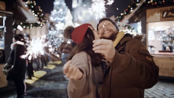 Two Lovers Kissing Colourful Night Lighting Urban Streets