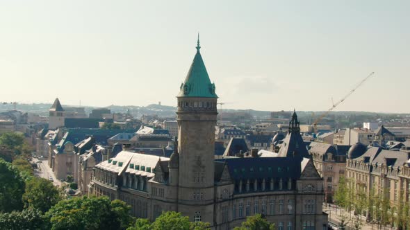 Establishing Aerial Shot of Luxembourg City with Landmark Bank Museum Building