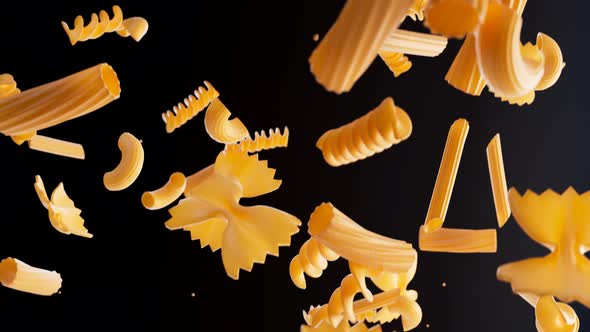 Falling raw pasta shapes. Italian cuisine. Penne, Farfalle seamless animation.