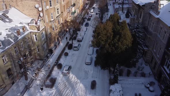 Aerial view of a drone flying over the building. 