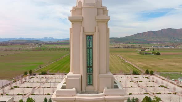 Aerial Crane Shot and Revealing Angel Moroni on Top LDS Mormon Payson Utah Temple