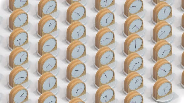 Many Same Wooden Clocks Showing Different Time