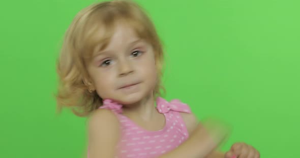 Girl Emotionally Make Faces and Beating with Fists in Pink Swimsuit. Chroma Key