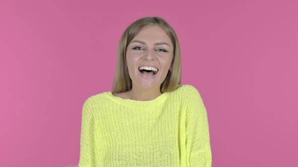 Cheerful Young Woman Laughing Pink Background