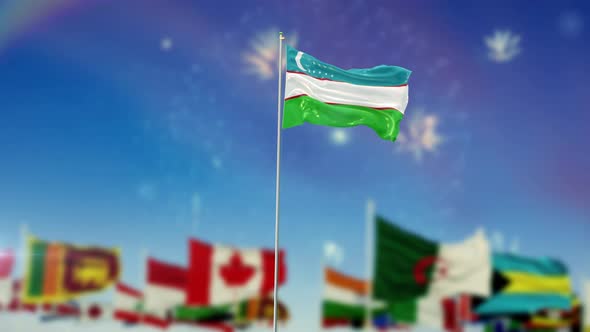 Uzbekistan Flag With World Globe Flags And Fireworks