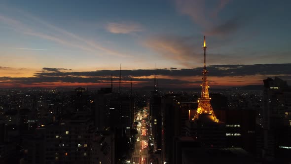 Sunset downtown Sao Paulo Brazil. Downtown district at sunset scenery.