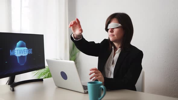 Business Woman Working with Augmented Reality Goggles  Metaverse Technology Concept
