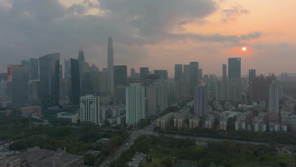 Shenzhen City at Sunset. Futian District Skyline