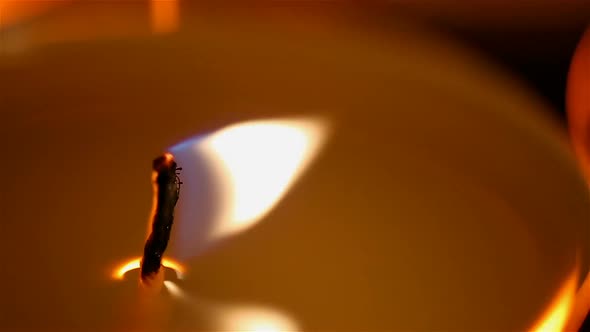 Fire of Life, Burning Candle Close-Up, Mysterious Candlelight in Dark Place