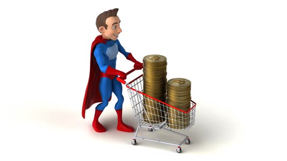 Fun 3D cartoon superhero shopping with bitcoins