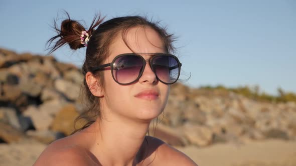 Slow motion brunette female on the sea  beach enjoying 1920X1080 HD footage - Ocean coast relaxing o