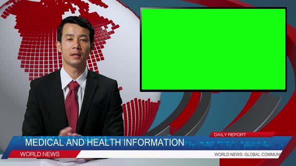 News Studio With Asian Male Reporting On Medical And Health, Video Story Show Green Chroma Key