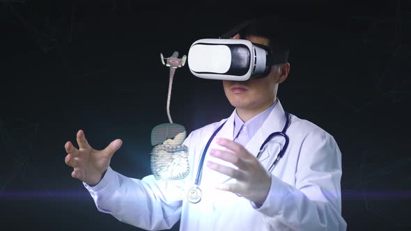 Doctor Using Vr Glasses Virtual Reality Working With Holographic Scan Projection 3D Rendering