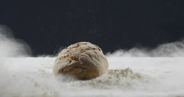 Bakery and Cooking Concept. Fresh Bread with a Splash Falls Into Flour