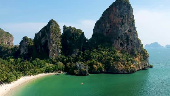 Beautiful aerial shot of limestone karst rocks in the sea. Railay Beach, Ao Nang, Krabi, Thailand