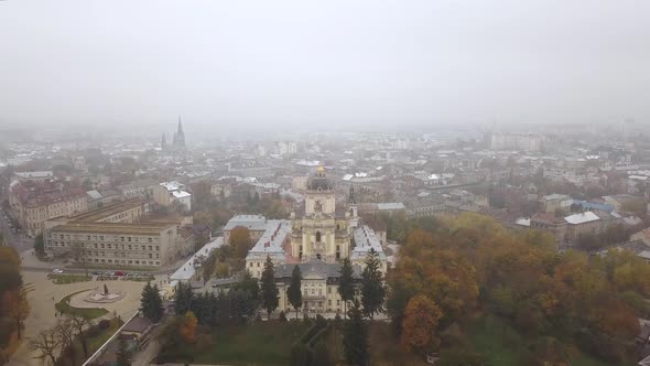 Aerial view of the Saint George's Cathedral in Lviv, Ukraine