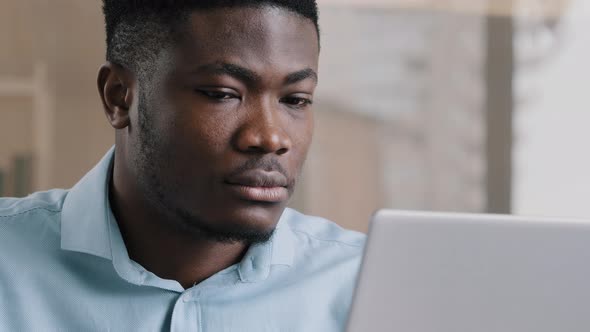Confident African Businessman Young American Ethnic Guy Work Online Use Personal Computer Wifi