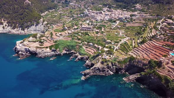 Aerial: Banyalbufar town in Mallorca, Spain