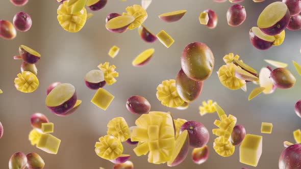 Mango with Slices Falling on Kitchen Background