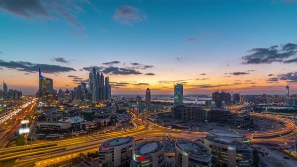 Dubai Media City with Modern Buildings Aerial Day to Night Timelapse United Arab Emirates