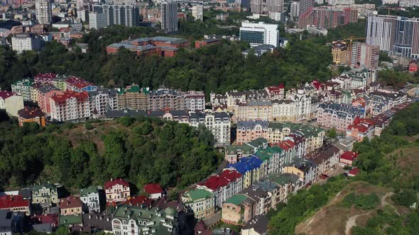 Top view of Podol. Many buildings and churches.