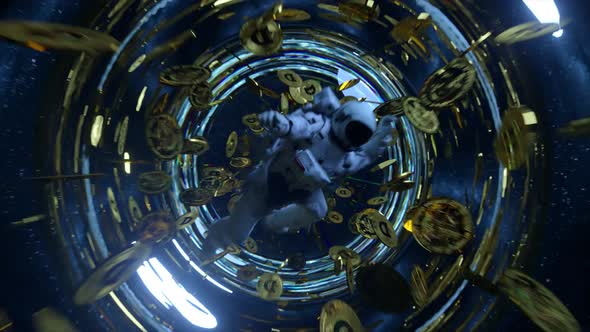Falling Astronaut in Outer Space Surrounded By Flying Dogecoins