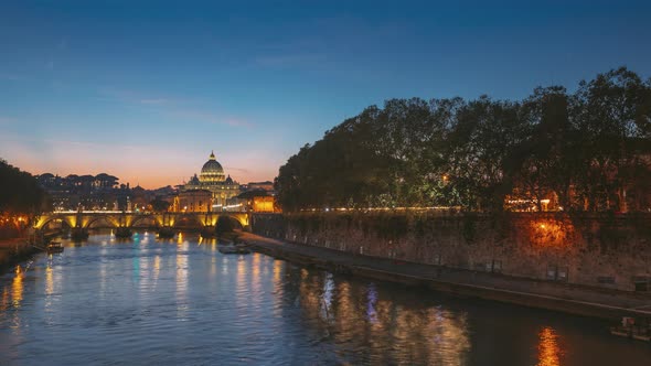 Rome, Italy. Papal Basilica Of St. Peter In Vatican And Aelian Bridge