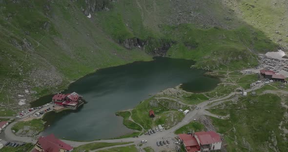 aerial view of balea lake and restaurant