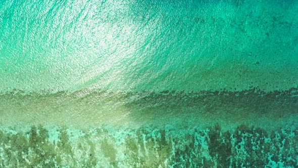 Aerial drone seascape of tranquil tourist beach journey by blue green water and white sandy backgrou