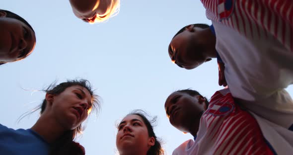 Low angle view of diverse female soccer team 4k