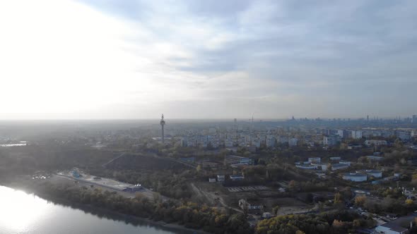 Aerial view of Galati City, Romania with Danube River near the City - drone shot