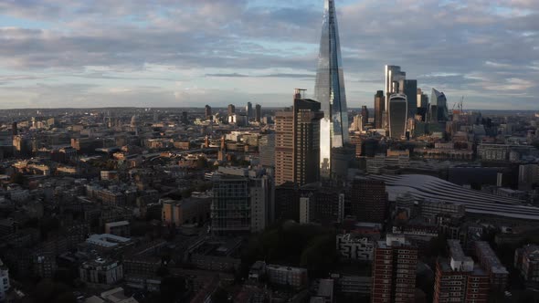 Aerial View of London City Skyline with Shard and Tower Bridge in the Foreground