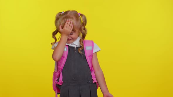 Upset Bored Teen Child Kid Girl in School Uniform Making Face Palm Gesture Disappointed in Result