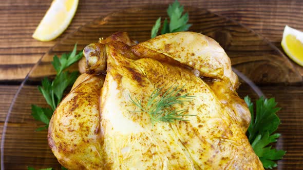 Baked Whole Chicken with Herbs and Lemon Wedges Lies on a Dark Plate with