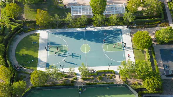  Aerial Top View on the Basketball Field Where Athletes Are Playing the Game