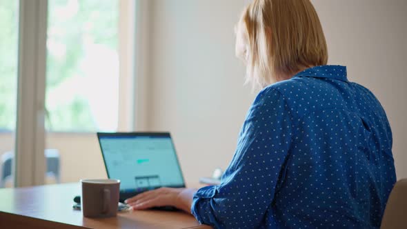 Back Shot of a Blond Young Adult Woman Looking at a Laptop Screen While Working