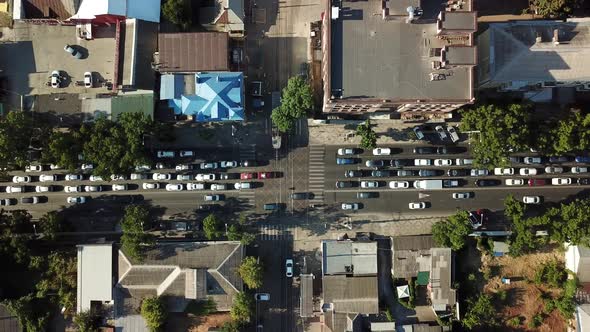 Aerial Top Down View of Freeway Busy City Rush Hour Heavy Traffic Jam Highway