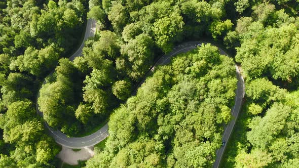 Timelapse from above: Cars a driving through a double curve in a summertime forest, fast dynamic vid