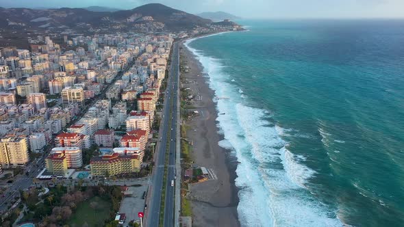 Strong Storm in the Sea Turkey Alanya Aerial Shoot