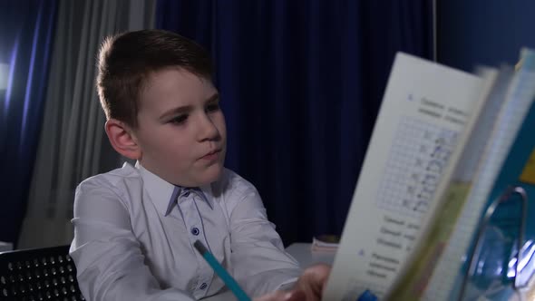 Little Schoolboy Diligently Doing His Homework