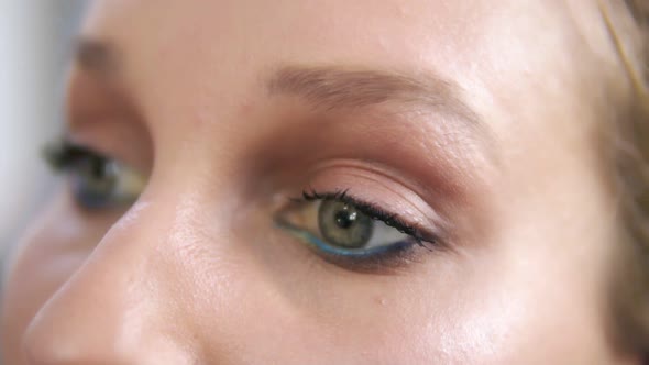 The Makeup Artist Paints Eyelashes of the Lower Eyelid with a Professional Tassel