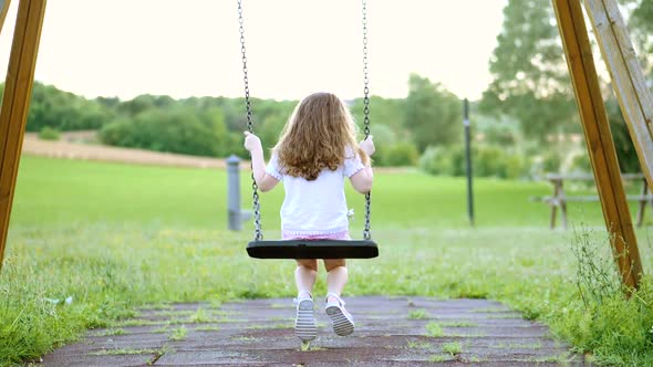 Back view of a little long-haired girl, swinging on a swing in a green meadow. 