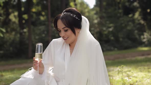 Wedding Bride in Boudoir Dress Sitting in Morning Garden Drinking Champagne Woman in Night Gown Veil