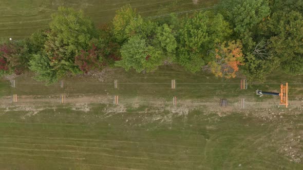 Straight overhead shot of ski lifts stopped and without motion in summer