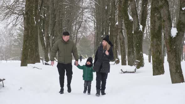 Quiet Family Walk Along the Winter Alleys