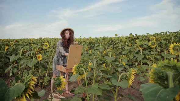 Picturesque View of Female Artist Painting Among Sunflowers