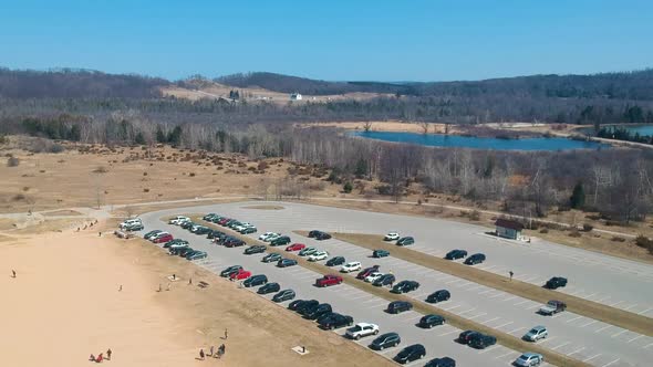 Aerial view of parking lot at Sleeping Bear Sand Dunes National Lakeshore in Michigan