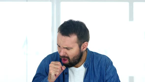 Cough Sick Man Coughing Sitting in Office