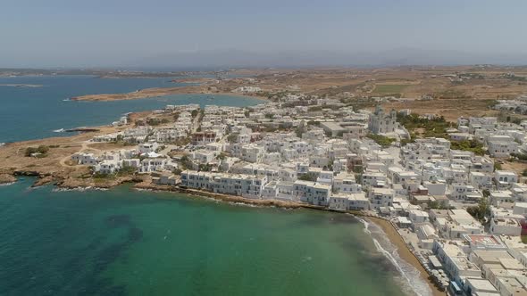 Aerial view of Naousa city, with traditional white houses, Greece.