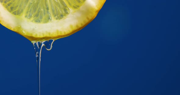 Fresh slice of lemon juice drip on blue background